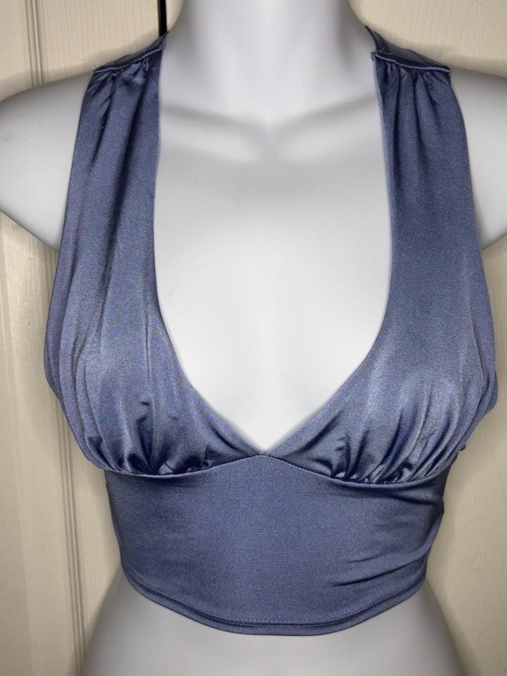 Urban Outfitters Satin Halter Crop Top - Slate Blue